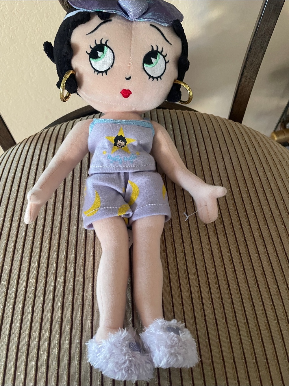 Vintage Betty Boop doll orchard pajamas , orchard slippers. Gold hoop earrings.